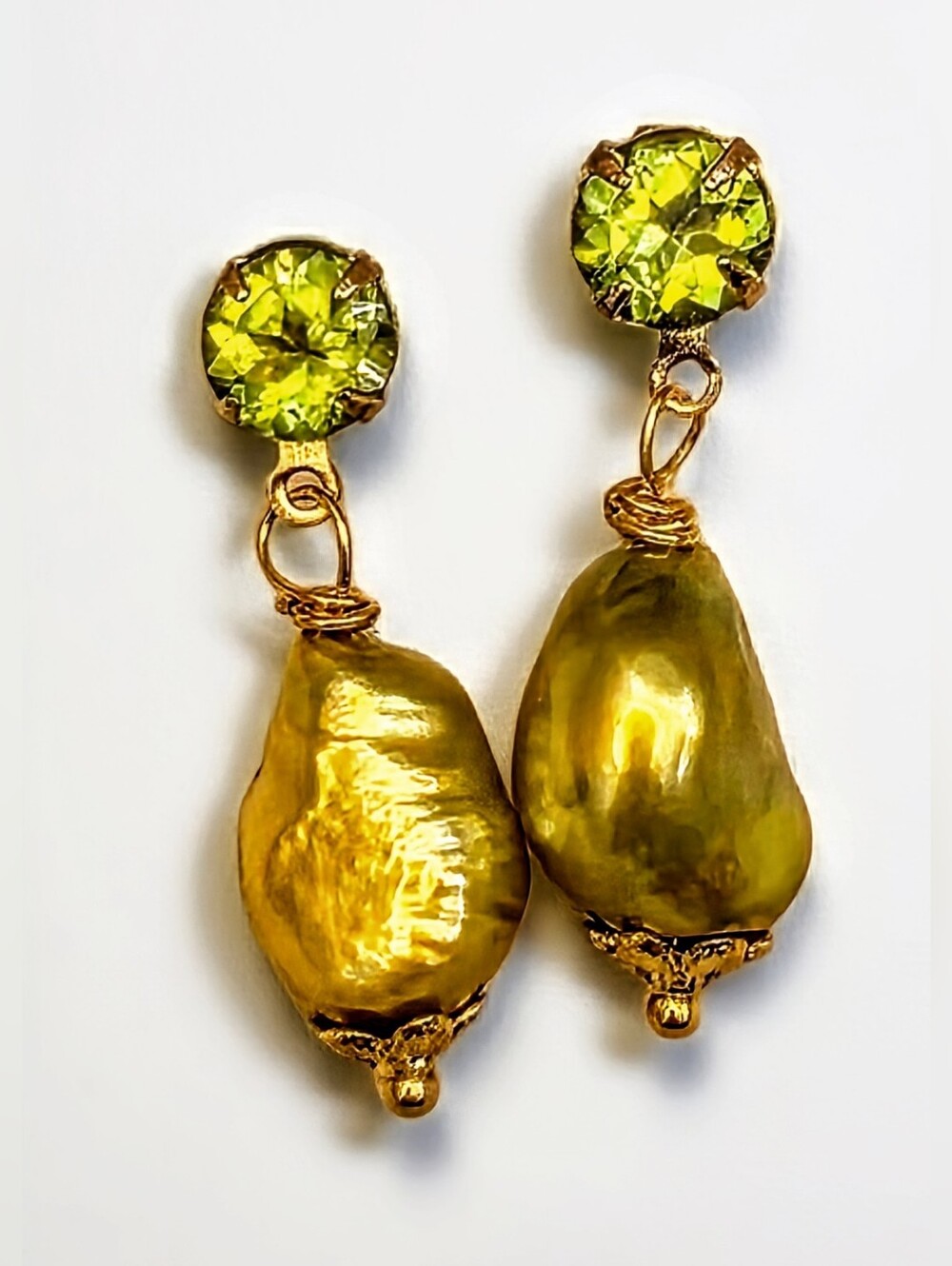 Natural Peridot 1.7 TW Carats & Pistachio Green Baroque in Drop Down Earrings